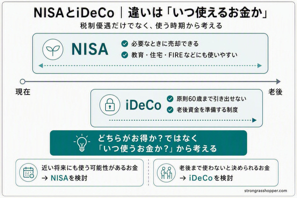 NISAとiDeCoを資金を使える時期の違いから比較した図
