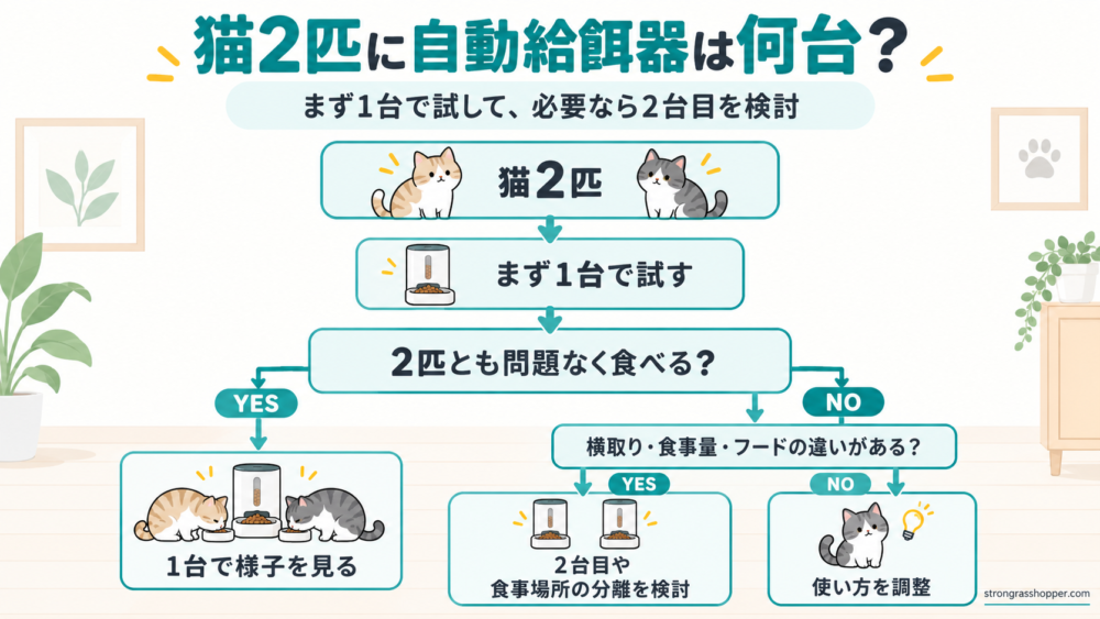 「猫2匹に自動給餌器は何台?」の判断フロー。